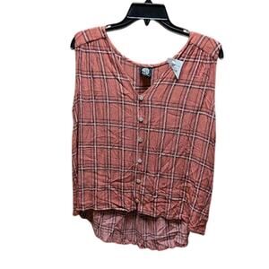 Bobeau Womens Plaid sleeveless Flannel Button Front Shirt V Neck Hi Lo Hem LARGE